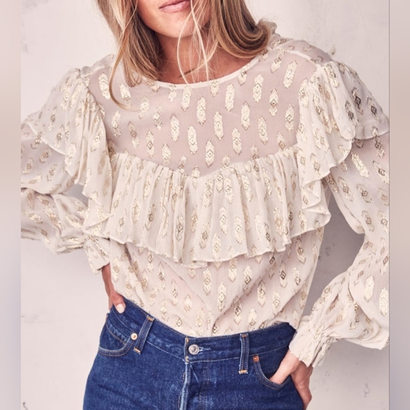 LoveShackFancy Erin Cream & Gold Ruffle Blouse Size Small - Picture 1 of 5